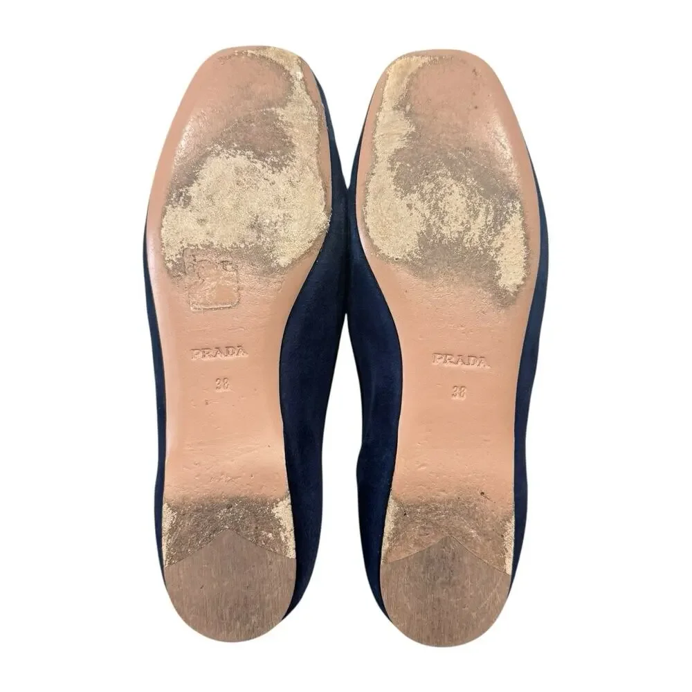 Prada Navy Suede Bow Flats Size 38 EU 8 US Quilted Leather Interior Box Dust Bag